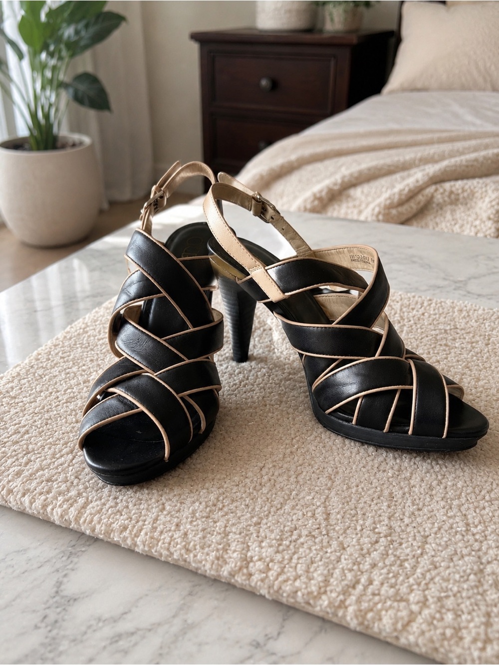 Cole Haan Black Leather Slingback Heels with Beige Trim - Picture 2 of 3